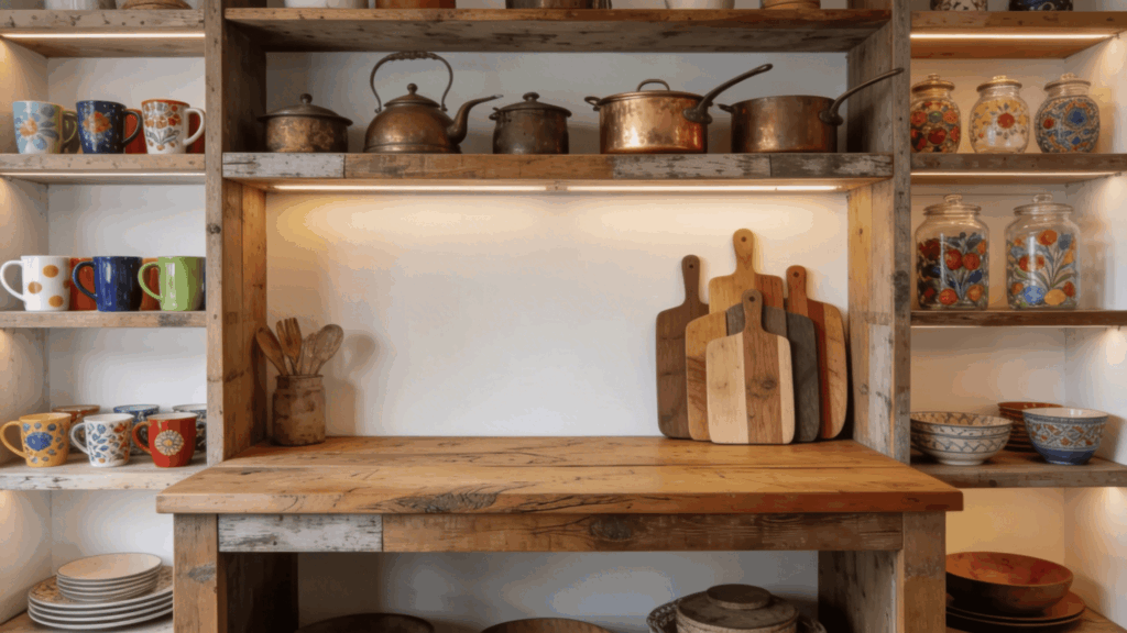 a creative diy kitchen island with open shelving for easy access to kitchenware and tools