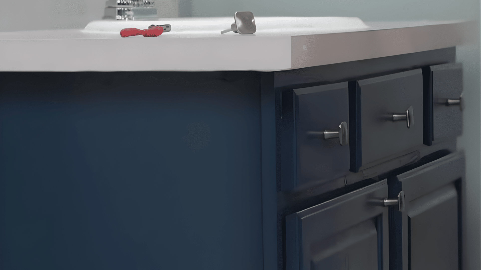 a dark blue painted bathroom cabinet with silver handles sits beneath a white sink with tools resting on the countertop