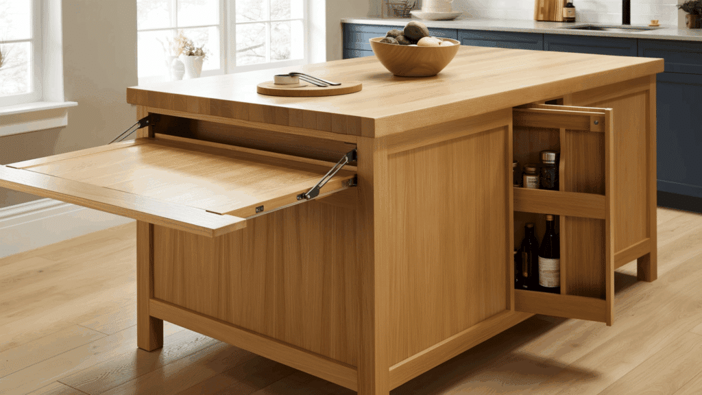 a diy kitchen island with a fold out countertop and built in storage for a versatile design
