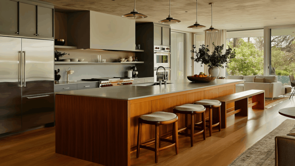 a diy kitchen island with seating options including stools and a bench for added comfort