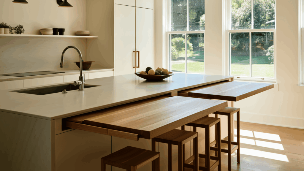 a diy kitchen island with sliding tables for flexible seating and additional workspace