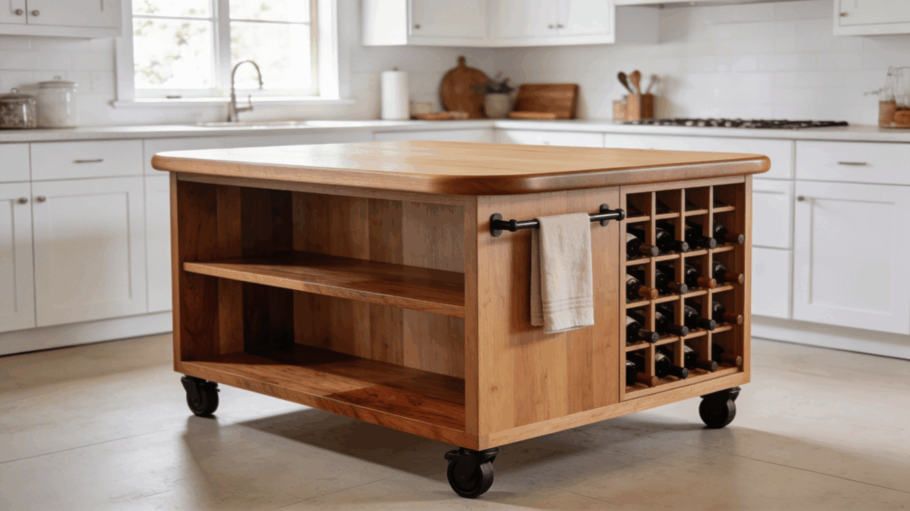 a diy kitchen island with wine storage open shelves and a towel rack for added functionality