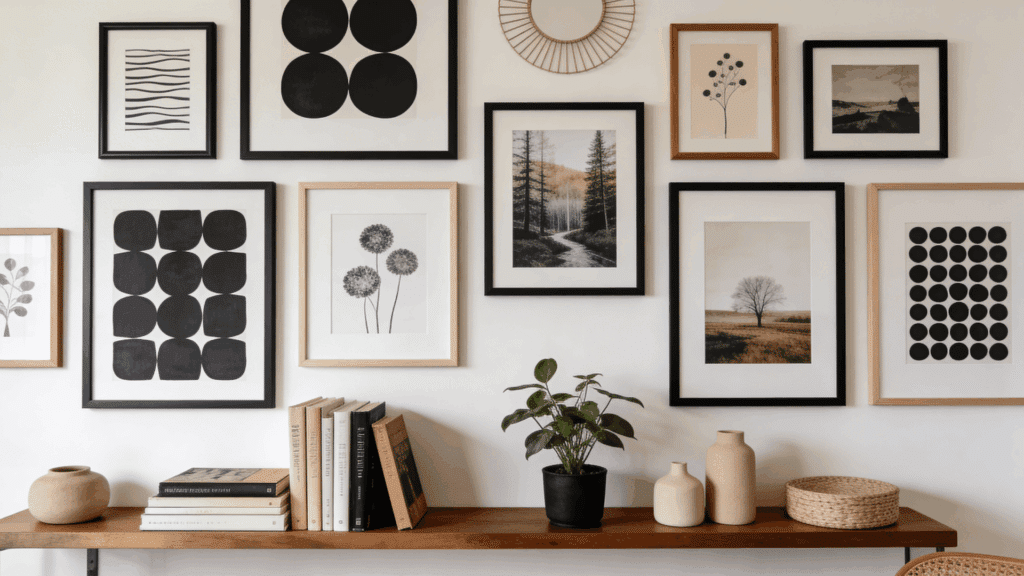a gallery wall with framed art prints above a wooden shelf with books plant and decorative vases in a modern home