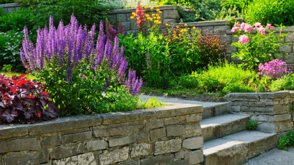 a garden with vibrant purple pink and orange flowers bordered by stone walls leading through the lush greenery