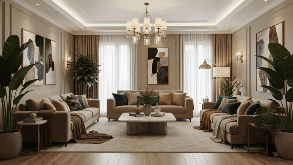 a living room showing principles of interior design with neutral sofas plants and soft lighting