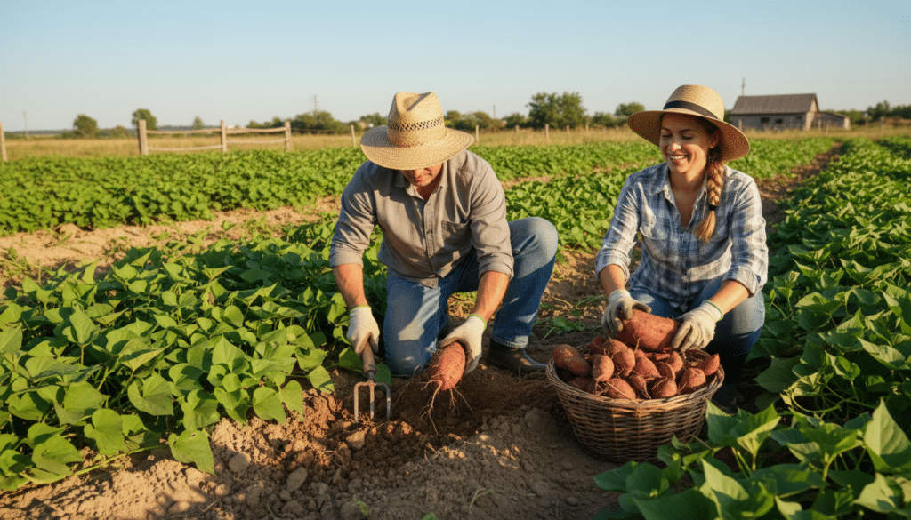 a man and woman harvesting sweet potatoes in a field placing them in a basket while kneeling among green crops