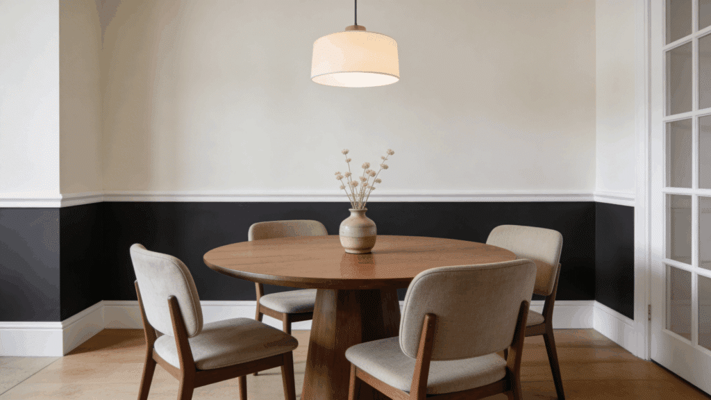 a minimalist dining room with round wooden table four cushioned chairs and a vase under a hanging lamp against two tone wall
