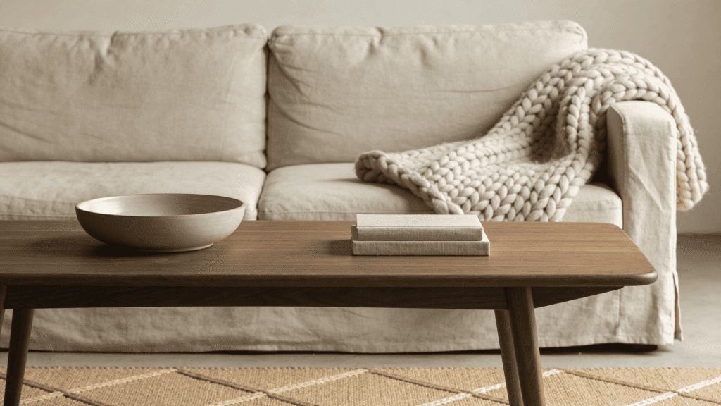 a minimalist living room with a beige sofa knit blanket wooden table books and bowl on a textured rug
