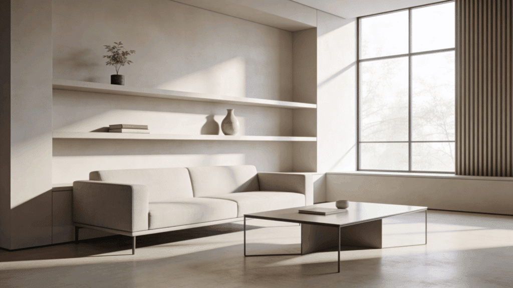 a minimalist living room with a neutral sofa wall shelves coffee table and large window with soft natural light