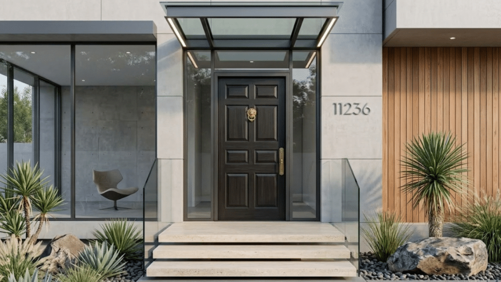 a modern house entrance with painting front door black featuring glass panels concrete walls steps and desert plants on both sides