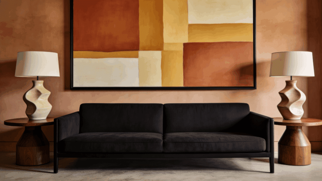 a modern living room with a black sofa abstract wall art and matching lamps on wooden side tables in warm tones