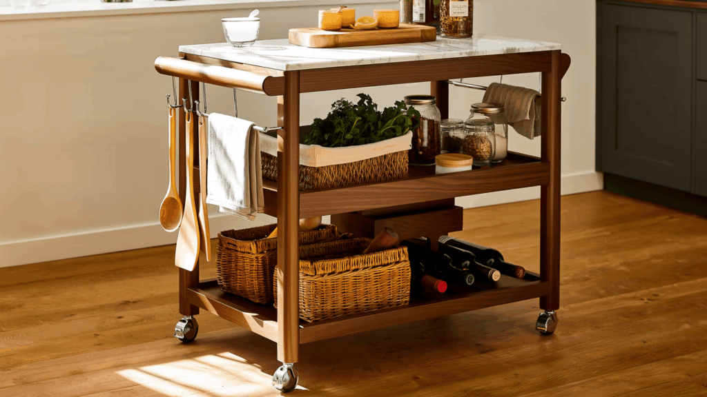 a multi purpose diy kitchen island cart with baskets shelves and a marble countertop on wheels