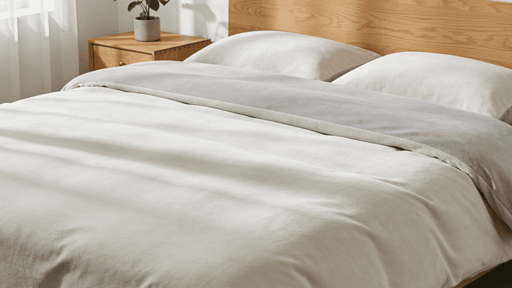 a neatly made bed with soft neutral bedding pillows and a folded blanket in a bright minimal bedroom with wooden headboard