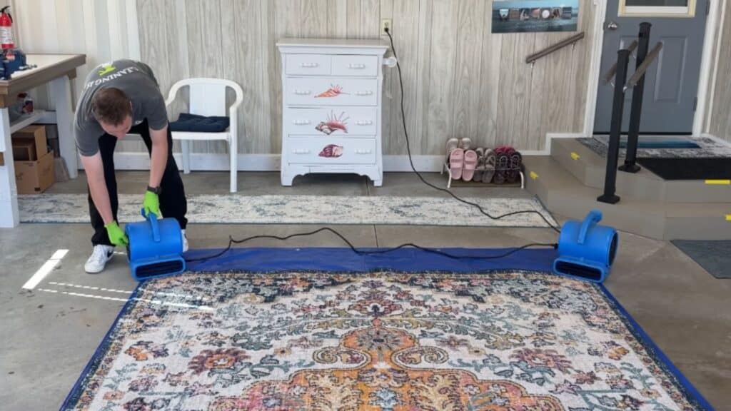 a person placing air movers around a cleaned rug to speed up drying inside a room with concrete flooring