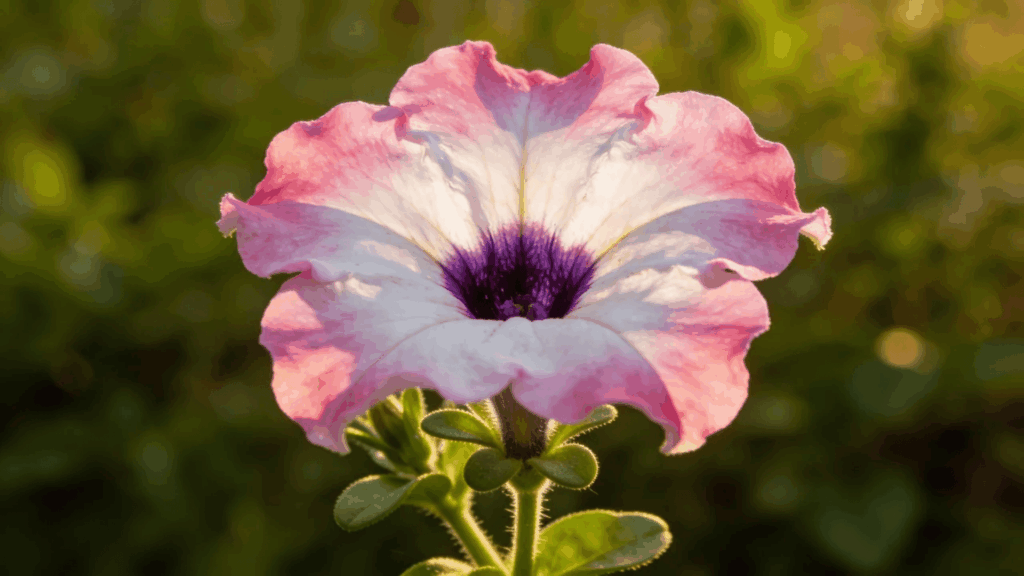 a pink and white petunia flower with dark center in sunlight perennial flowers vs annual