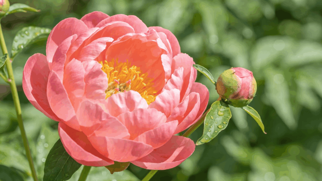 a pink peony flower with yellow center and green bud in sunlight perennial flowers vs annual