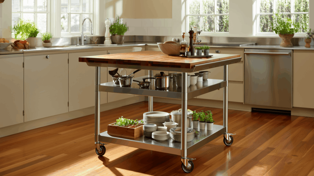 a portable diy kitchen island with open shelves and wheels for easy mobility and storage