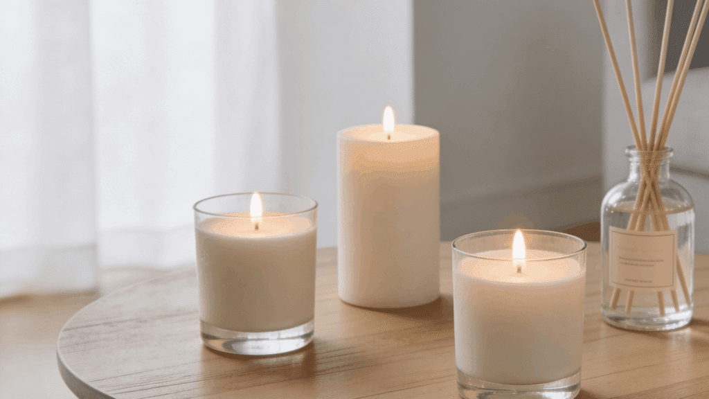 a set of lit candles and a reed diffuser on a wooden table creating a calm relaxing atmosphere indoors