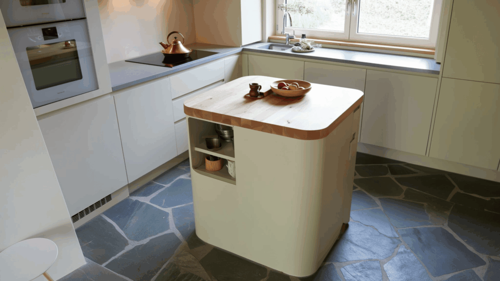 a small diy kitchen island with a wooden countertop and open shelving in a tight kitchen space