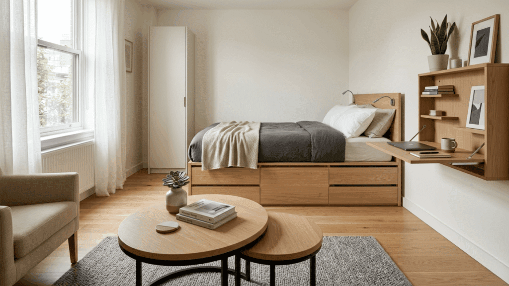 a small modern bedroom with a bed wooden storage furniture desk shelves and natural light from a window
