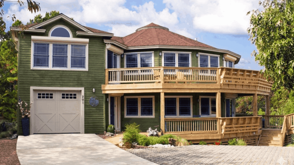 a two-story hurricane proof house green house with a round design and a wooden deck surrounding the second floor