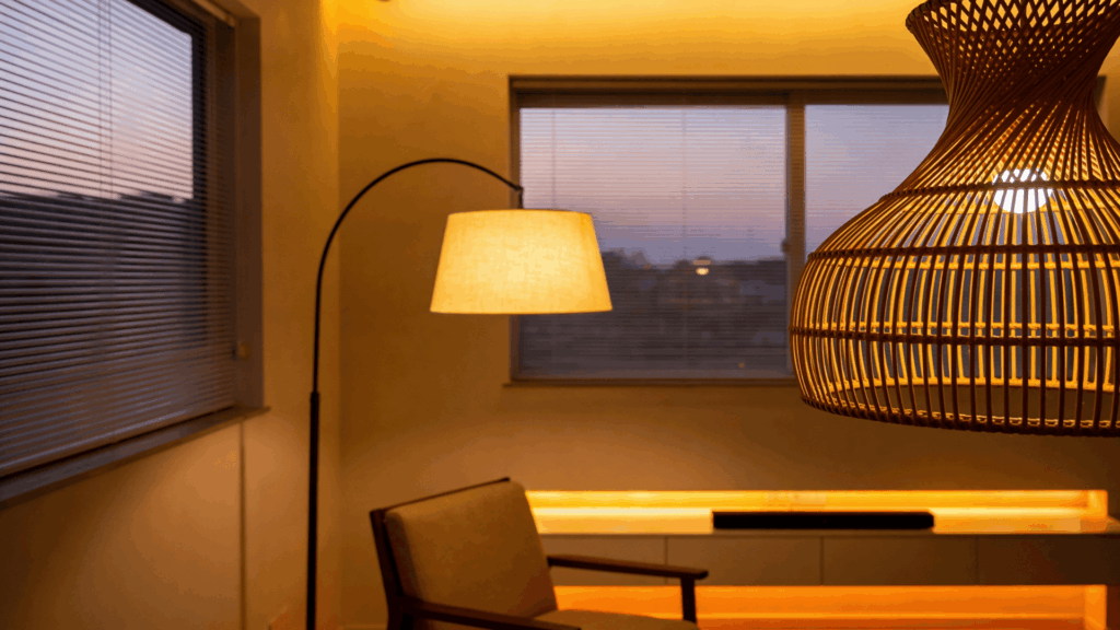 a warm lit modern living room with floor lamp woven pendant light chair and window blinds creating a cozy evening atmosphere