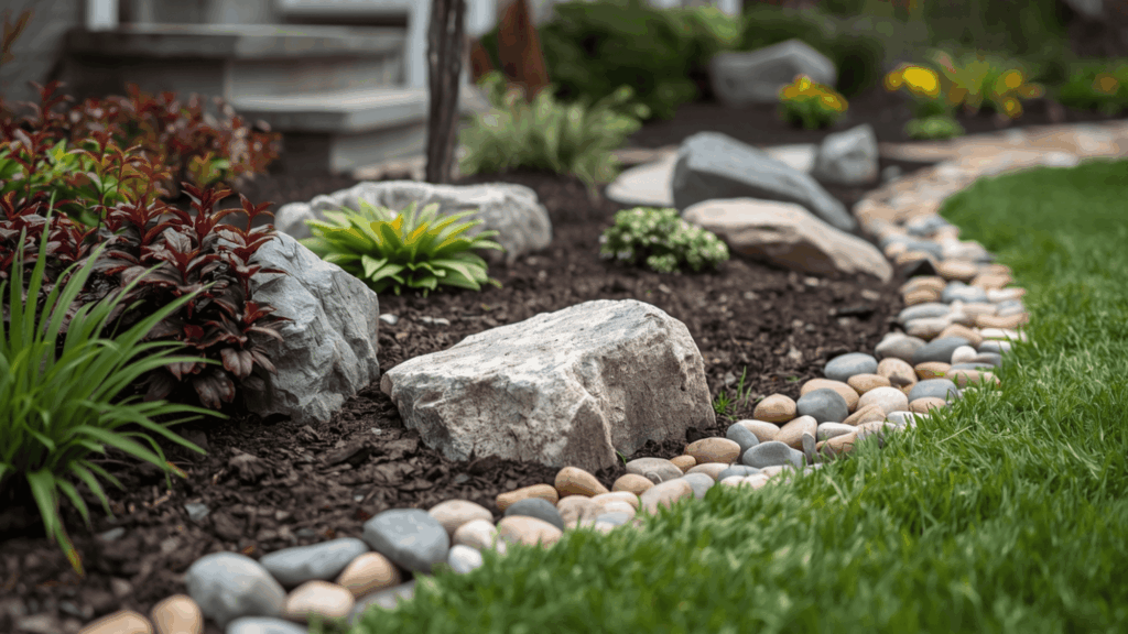 add decorative rocks for low maintenance landscaping with stones and plants creating a clean simple garden border