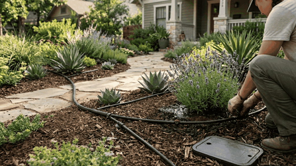 add drip irrigation system in garden bed to save water and reduce maintenance work
