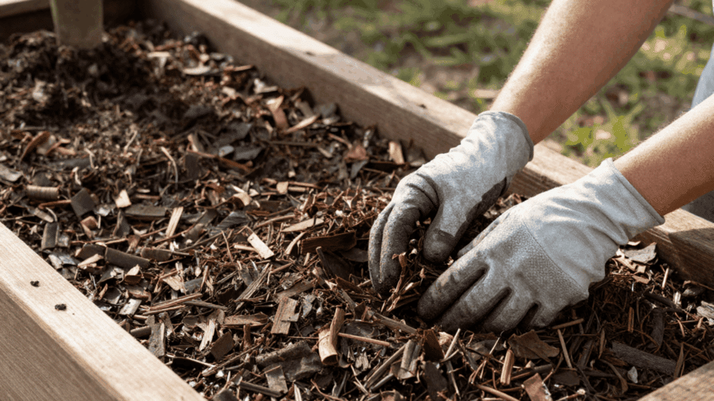 add mulch to garden beds for low maintenance landscaping with simple wood mulch to keep soil moist and reduce weeds