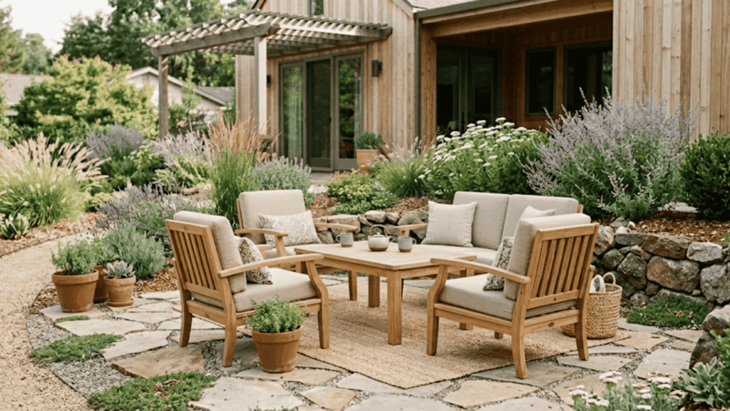 add outdoor seating area for low maintenance landscaping with patio chairs table and simple plants around clean yard