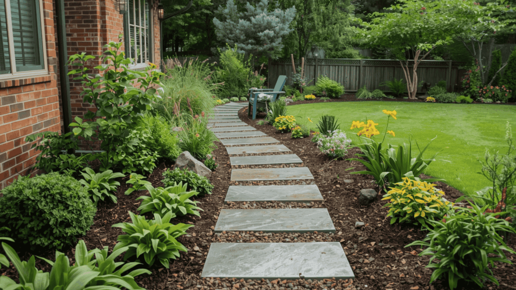 add stone pathways for low maintenance landscaping with simple path and plants in a clean easy care garden space