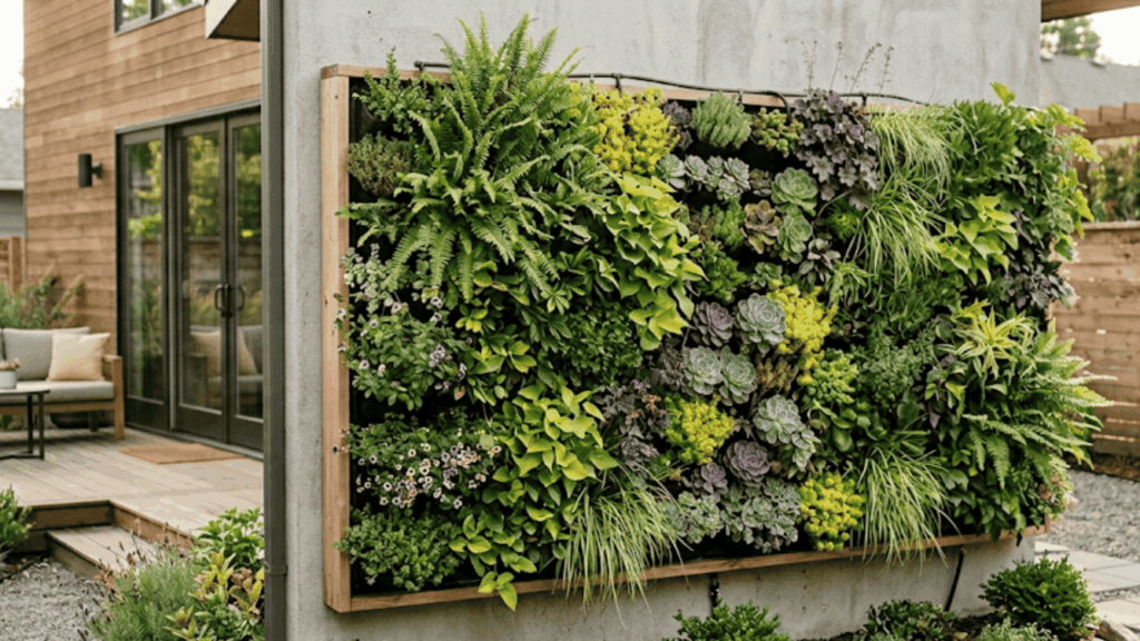 add vertical gardens for low maintenance landscaping with wall plants creating a simple green space in a small yard