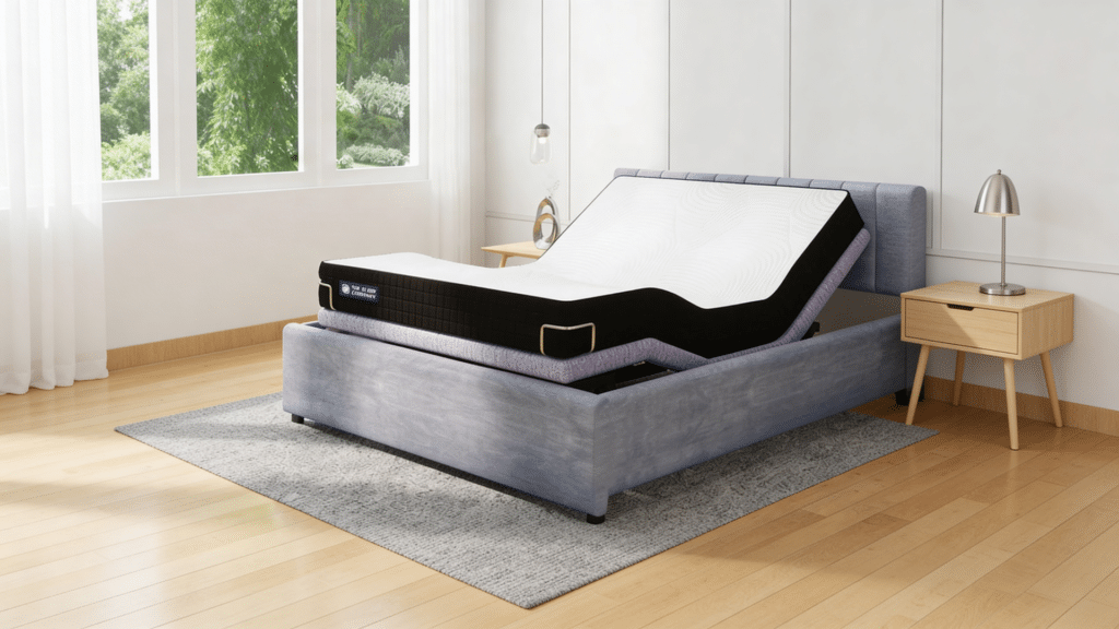 adjustable bed with raised head in bright bedroom