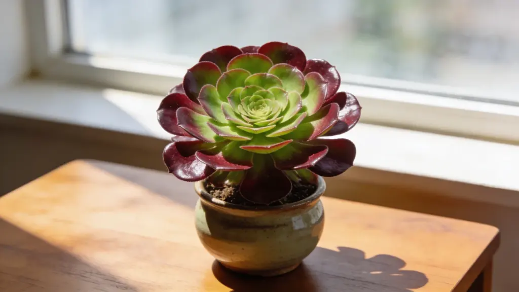 aeonium succulent with green center and dark burgundy outer leaves in a small pot on a sunlit wooden table