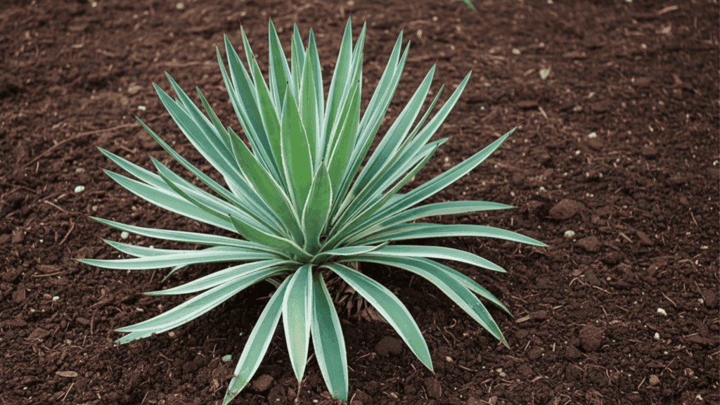 agave plant with pointed green leaves growing in dry soil showing strong drought resistant plant