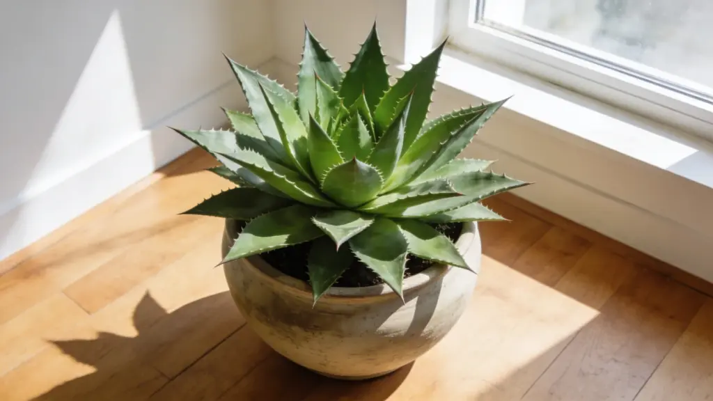 agave plant with thick pointed green leaves in a rosette shape in a ceramic pot on a wooden floor near a bright sunny window