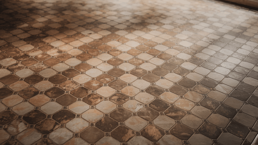 aged asbestos tile floor with muted brown and beige marbled square tiles in a vintage home interior