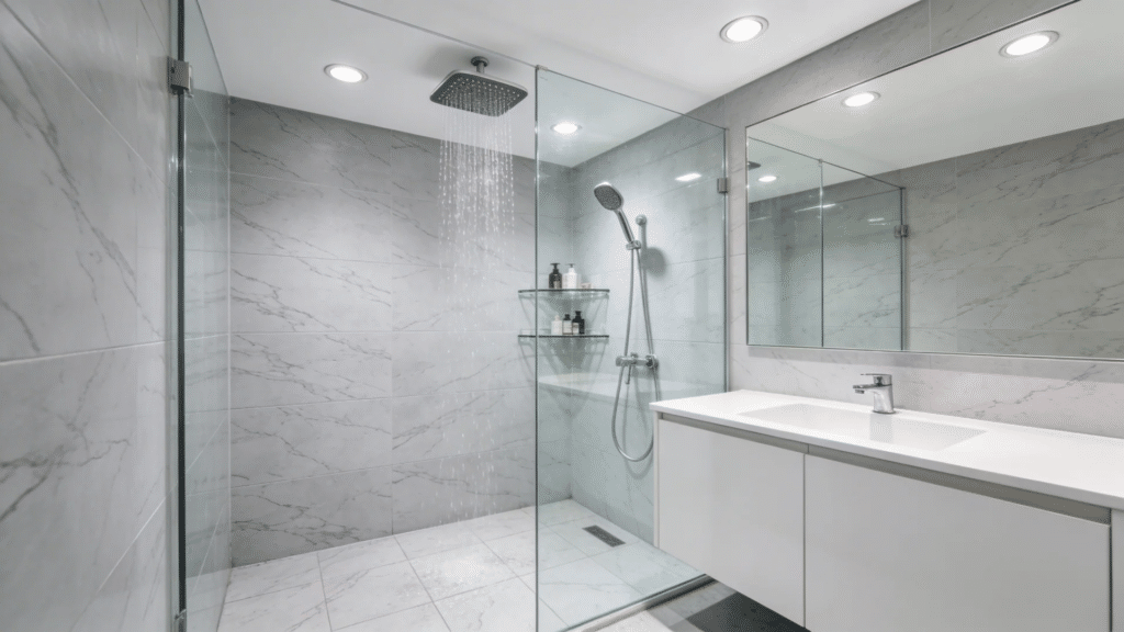 all glass shower bathroom design with marble tiles clear panels and sleek modern vanity