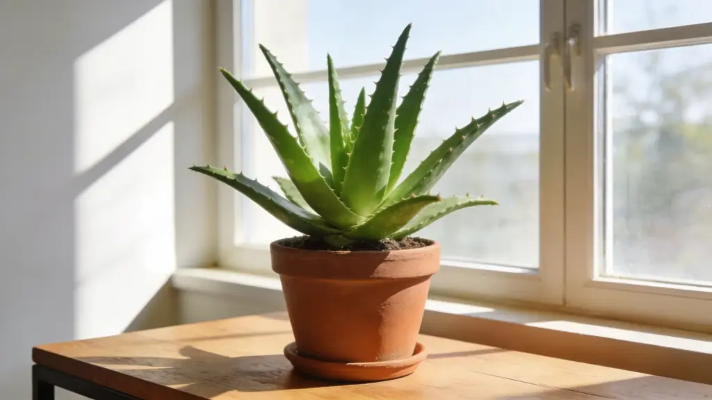 aloe vera plant in a terracotta pot placed on a wooden table by a sunny window with natural light shining through