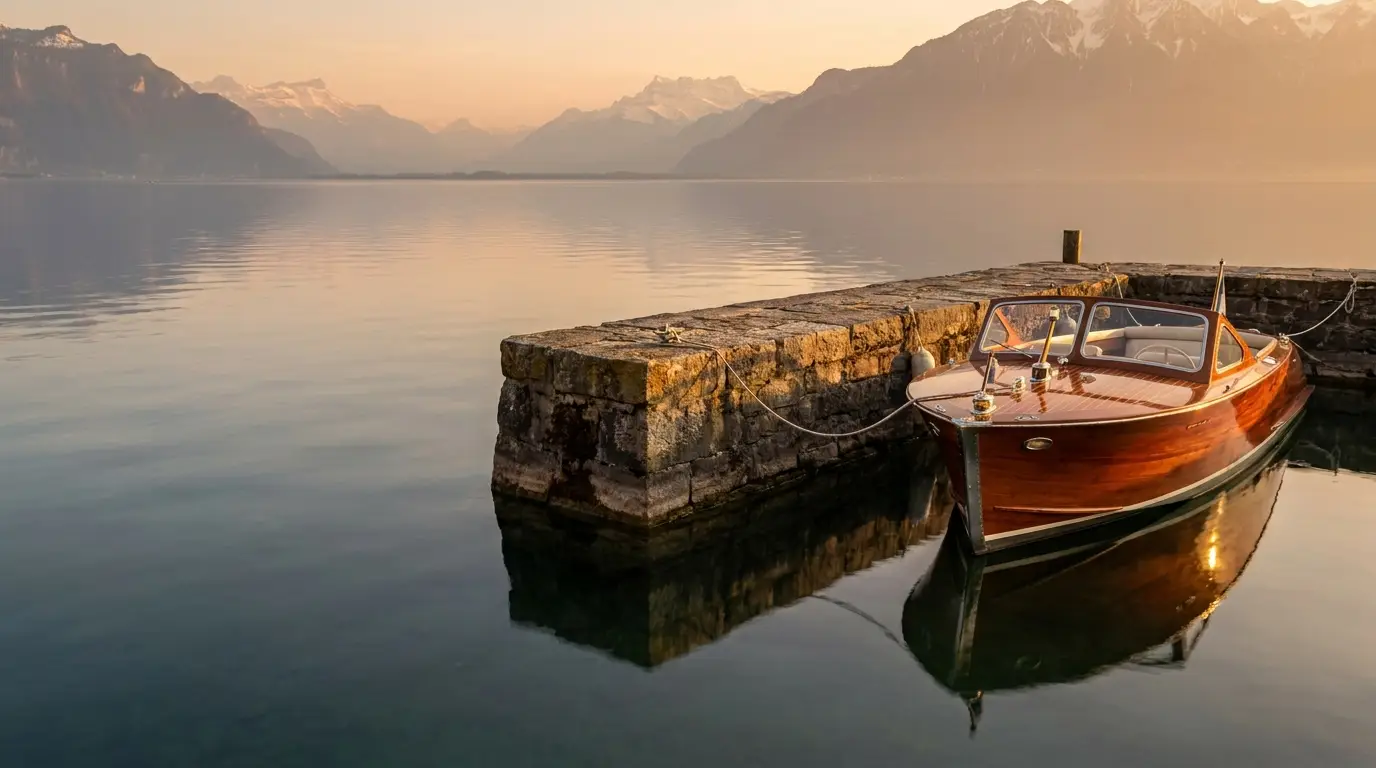 Wooden boat moored at stone dock on calm lake with mountains in soft morning light