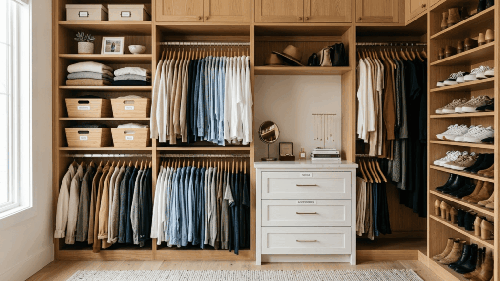 an organized walk in closet with wood shelving and a dresser for a guide on building a closet project