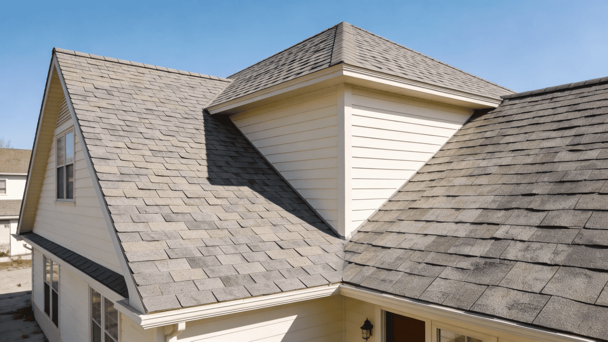 angled view of house roof with gray shingles dormer and siding under clear blue sky