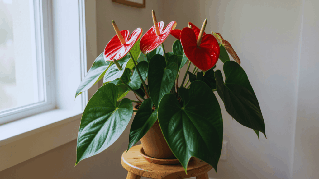 anthurium plant with red flowers and glossy green leaves in pot placed on wooden stool near window indoors