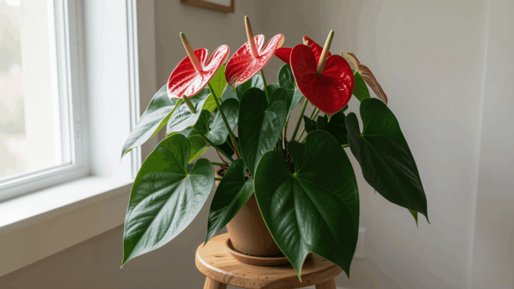 anthurium plant with red flowers placed in bright indoor space with clean modern home setting