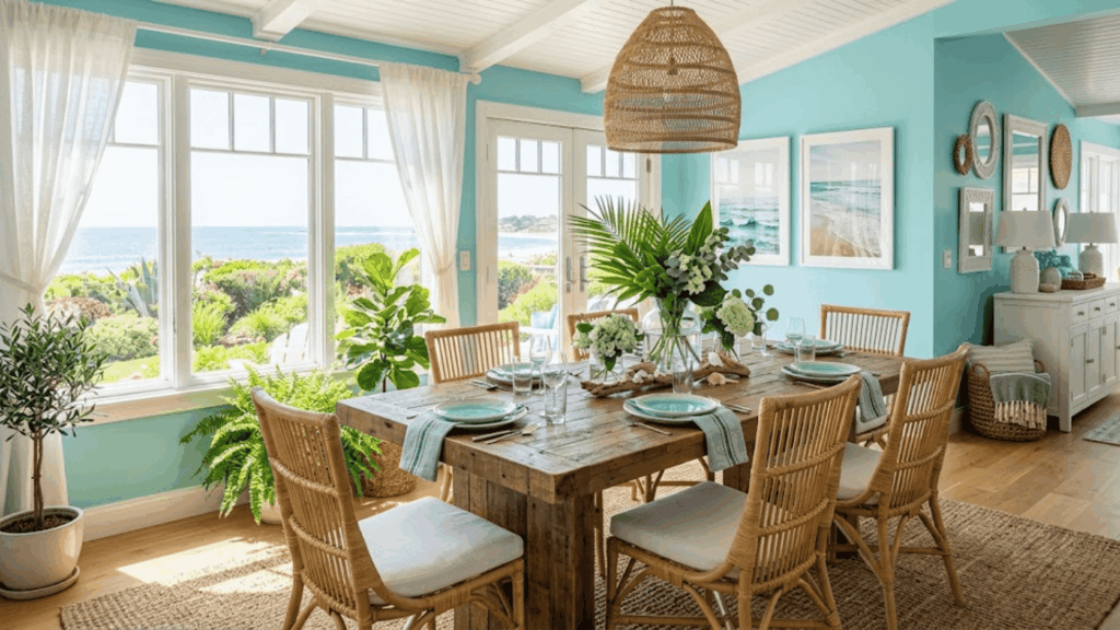 aqua dining room with wooden table bright light and fresh decor creating a lively relaxed environment