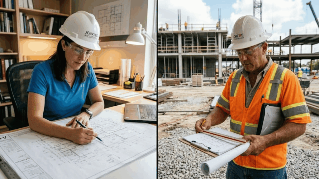 architect in office and builder on site work on same blueprint together