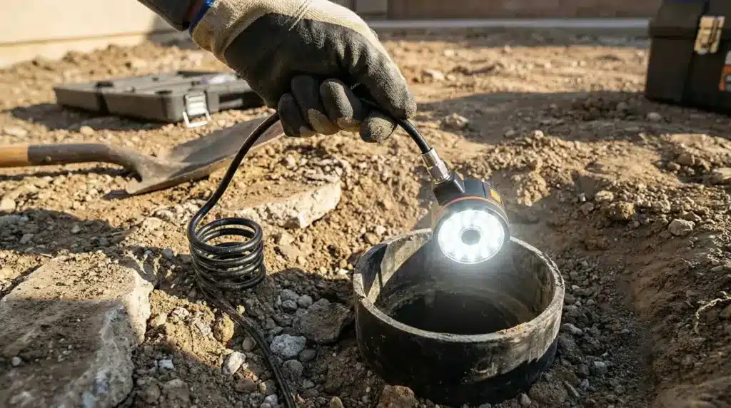 Gloved hand holding inspection camera above pipe in outdoor construction site with dirt and shovel