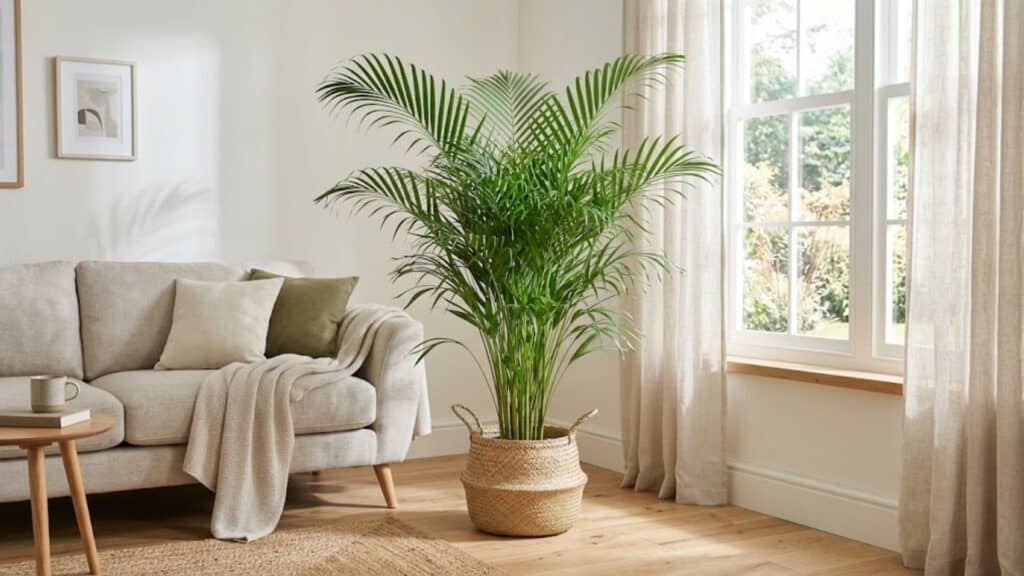 areca palm with feathery leaves in living room creating light airy indoor plant look