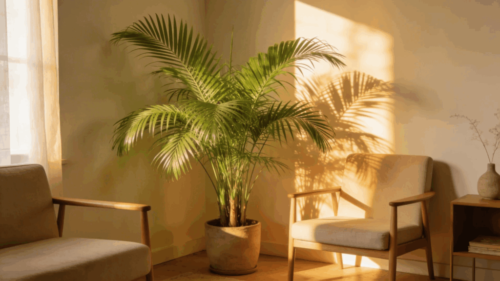 areca palm with soft green fronds placed in cozy indoor corner with warm natural light setting