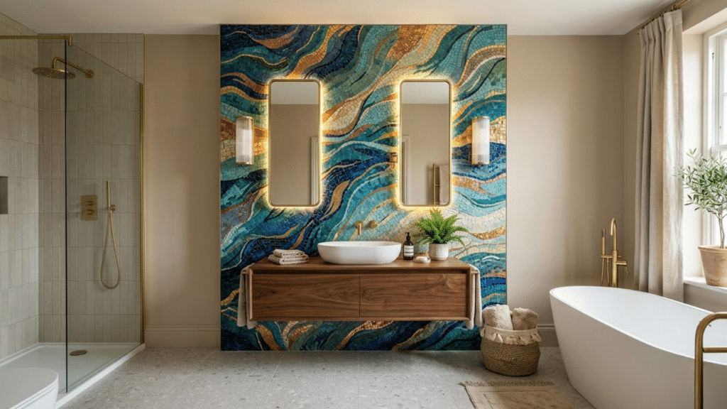 artistic feature wall bathroom with colorful mosaic backdrop adding creativity